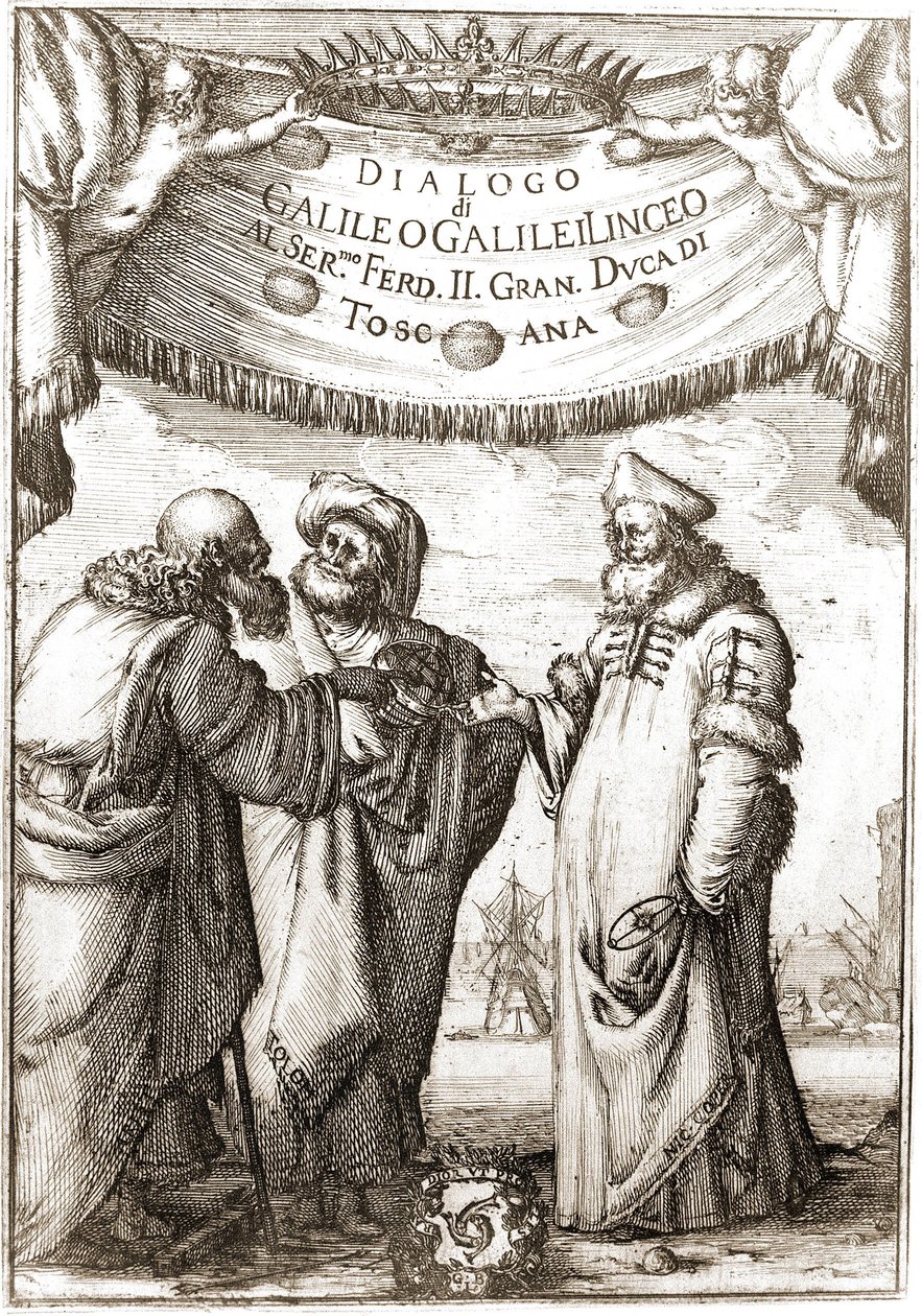 Aristoteles, Ptolemaios ja Nikolai Kopernikus (Nikolaus Kopernikus, 1473-1543) (tähtitieteilijät) keskustelussa - "Dialogi kahdesta maailman suurimmasta järjestelmästä" "de Galileo, Galilei linceo, al Ser. Mo F tekijältä Unknown