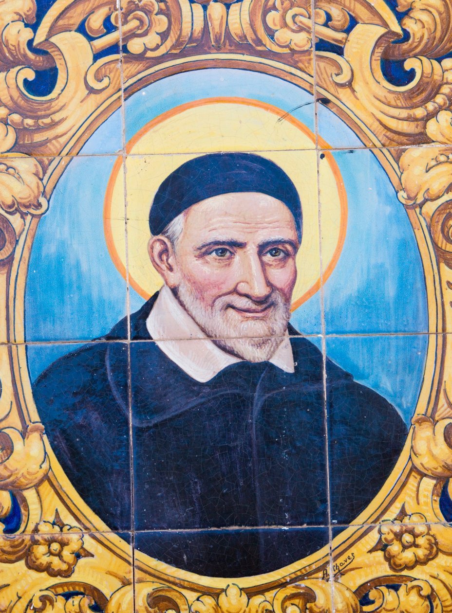 Saint Vincent de Paul 1581-1660. Ranskan katolinen pappi ja pyhä. Keraaminen laatta de Paulin mukaan nimetylle kadulle, Cordoba, Cordoban maakunta, Espanja. tekijältä Unknown