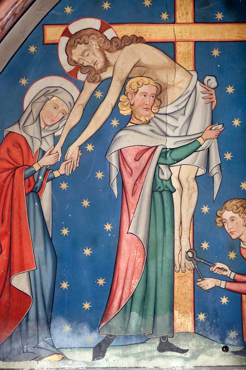Saint-Pierre-le-Jeunen protestanttinen kirkko, Kristuksen kärsimys, Jeesus otetaan alas ristiltä, Fresko, Strasbourg, Ranska. tekijältä Unknown