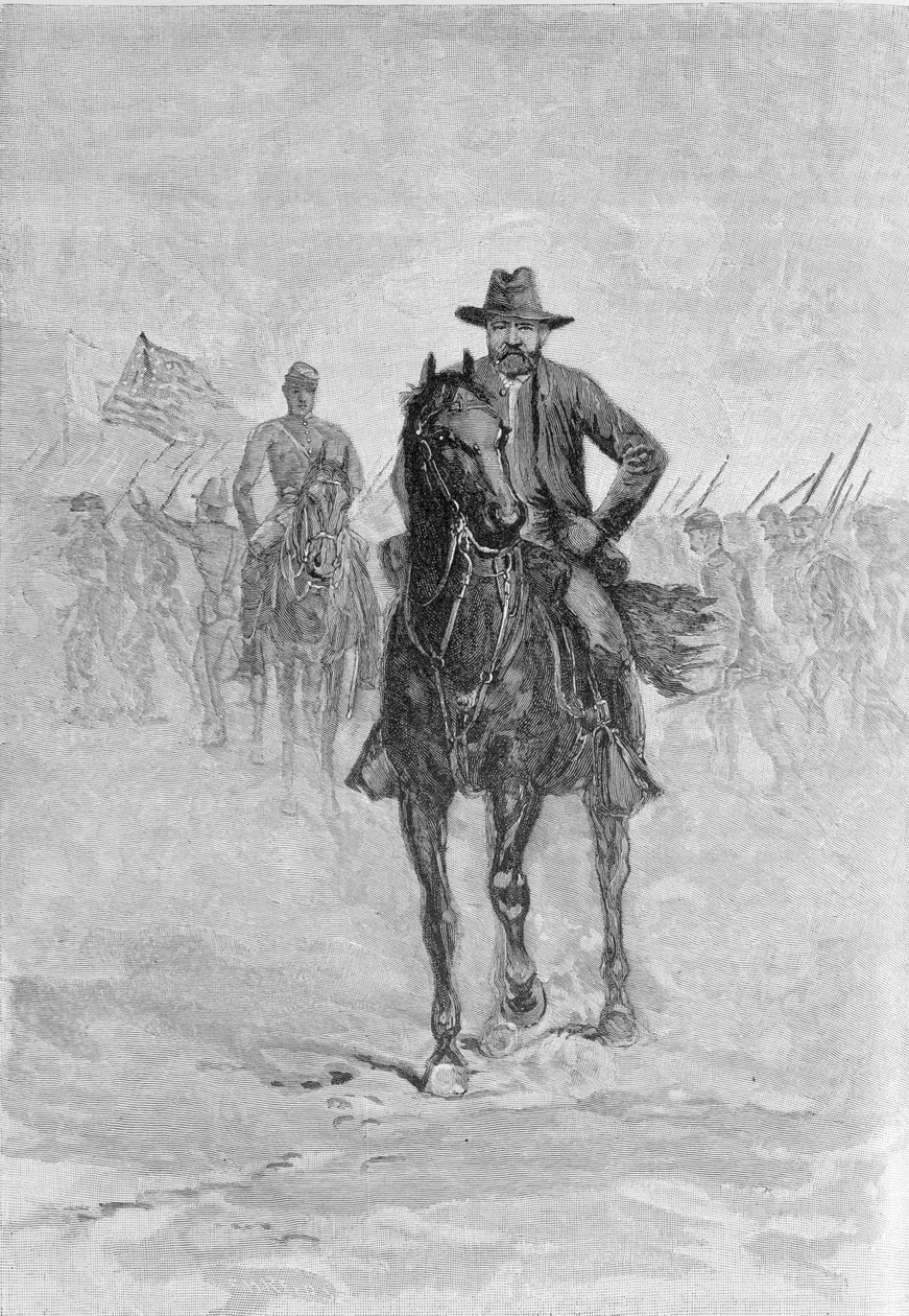 Kenraali Grant tutkimassa konfederaation asemaa Spotsylvanian oikeustalossa, kaiverrettu C.H. Reed, kuvitus teoksesta "Battles and Leaders of the Civil War", toimittanut Robert Underwood Johnson a tekijältä American School