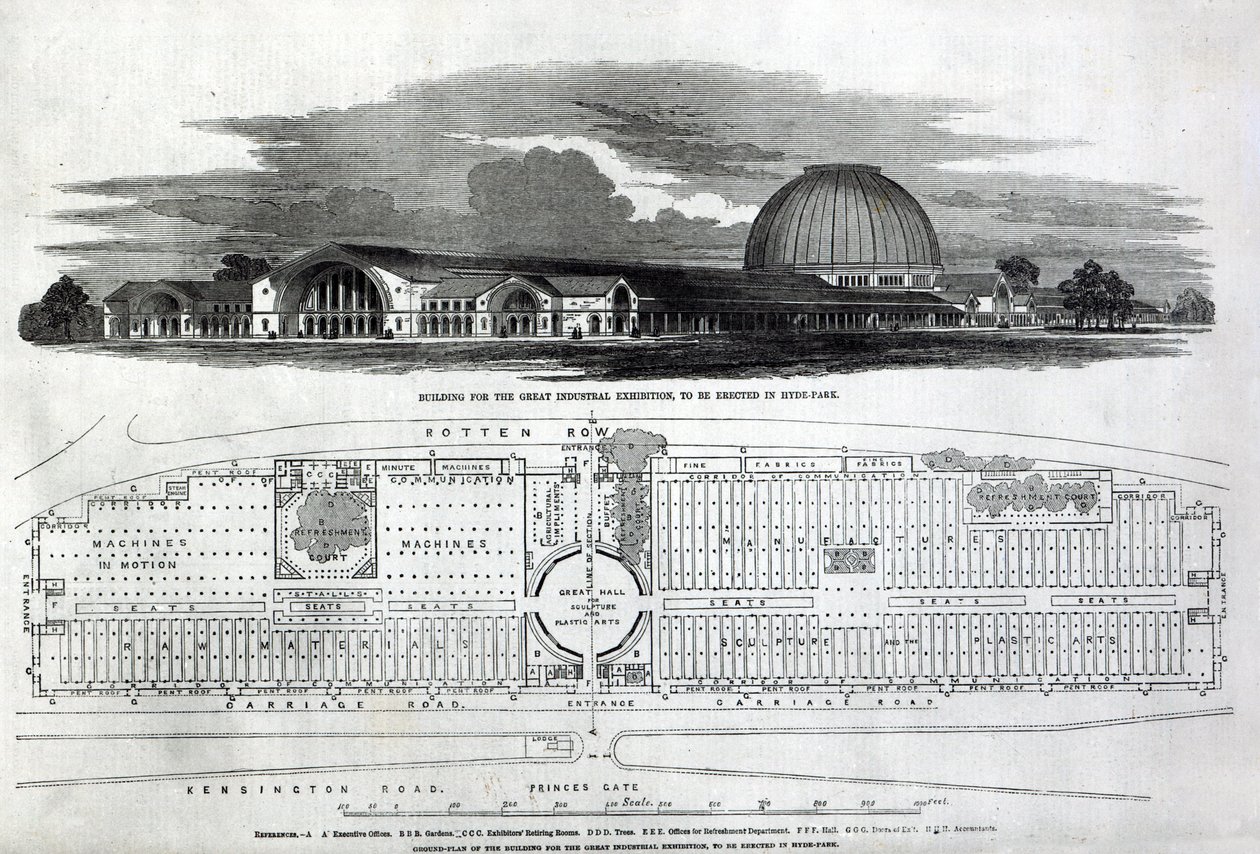 Rakennus suurta teollisuusnäyttelyä varten, 1850 (kaiverrus) (bw-kuva) tekijältä English School