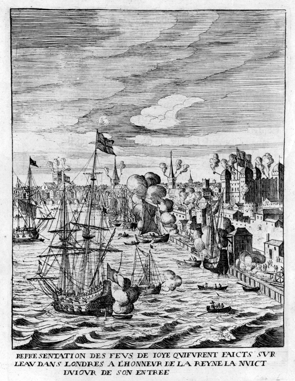 Lontoon Towerissa sytytetty tulipalo ja tykkituli kuningatar Marie de Medicin saapumisen kunniaksi, kuva Jean Puget de:n teoksesta "Histoire de Entrée de la Reyne Mère dans la Grande Brétaigne" tekijältä English School