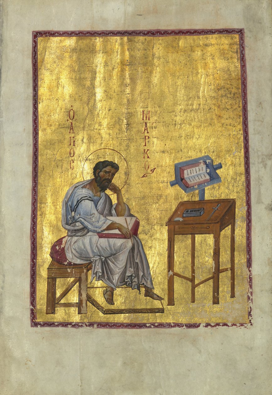 Evankelista Mark istuu tutkimuksessaan tekijältä Byzantine
