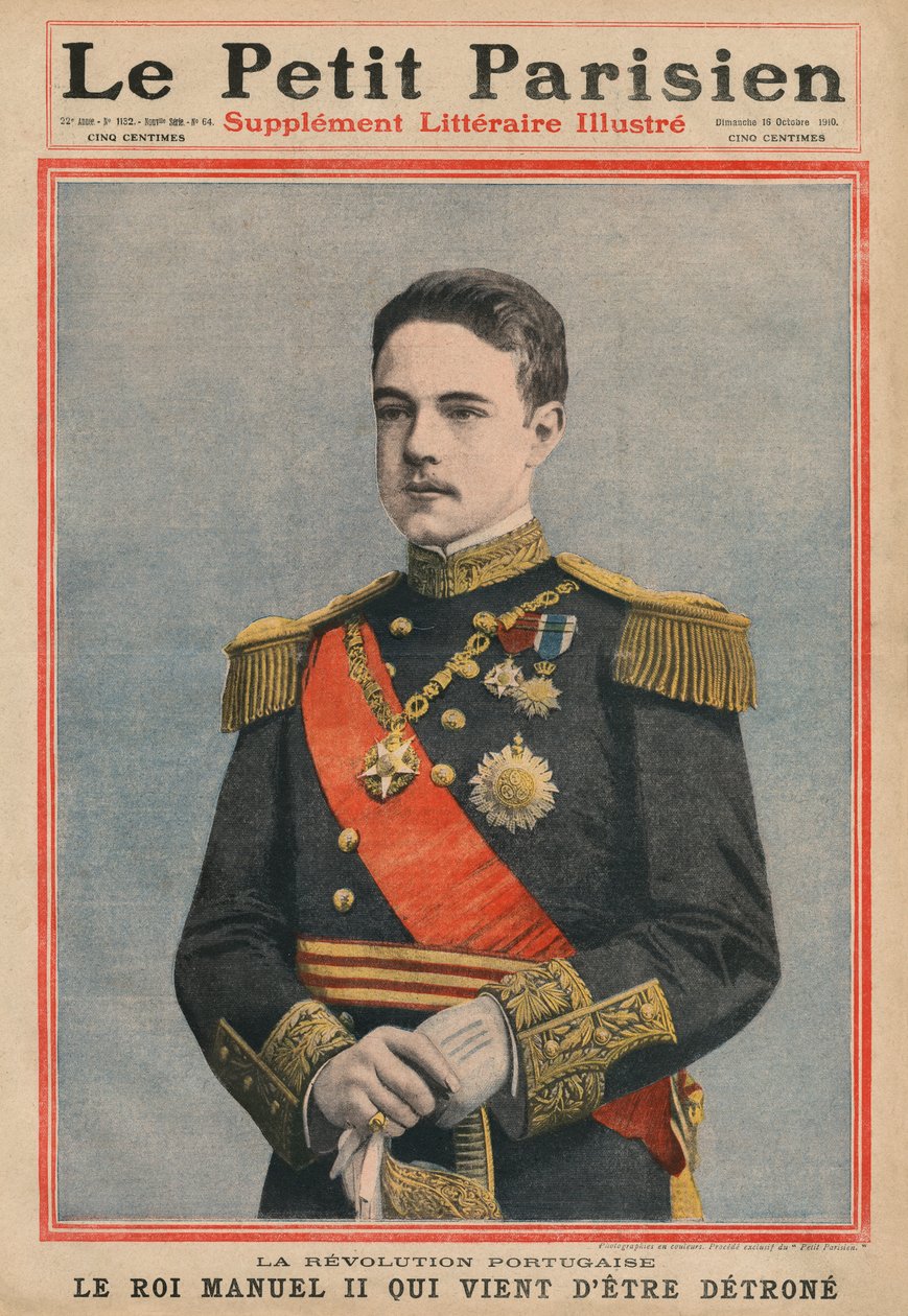 Portugalin vallankumous, Portugalin kuningas Manuel II on juuri syöksytty valtaistuimelta, etukannen kuva Le Petit Parisienista, litteraire illustre, 16. lokakuuta 1910 (valokuva) tekijältä French School
