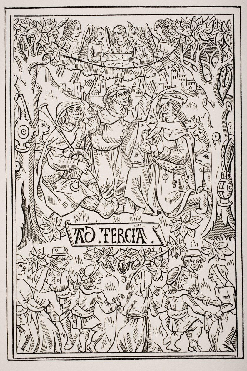 Paimenet juhlivat Messiaan syntymää lauluilla ja tansseilla 1400-luvun puupiirroksen jälkeen Tuntien kirjasta, Paul Lacroixin (1806-84) teoksesta "Le Moyen Age et La Renaissance", julkaistu 1847 tekijältä French School