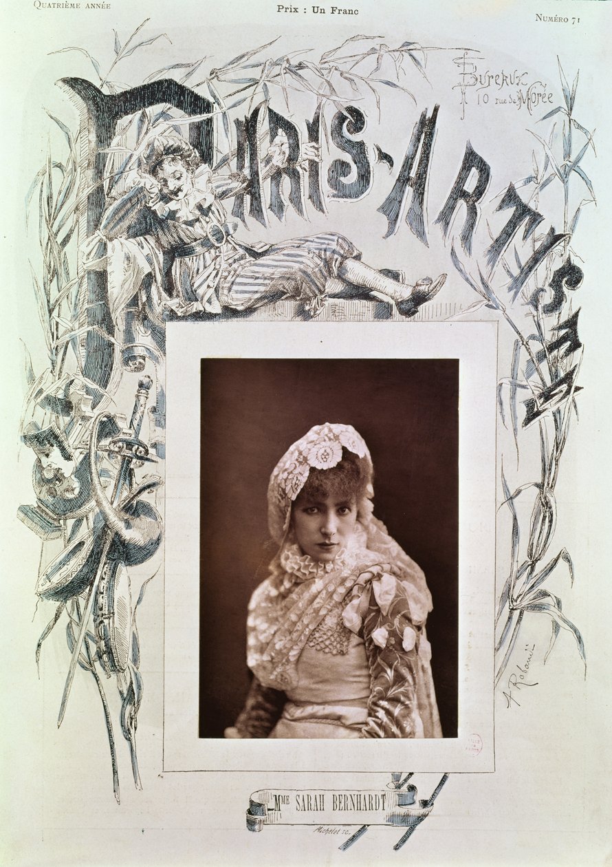 Sarah Bernhardt (1844-1923) Marion Delormen roolissa Theater de la Porte Saint-Martinissa, kuvitus Paris Artiste -lehden kannessa, nro. 71, kaiverrus Michelet (sekatekniikka) tekijältä Nadar