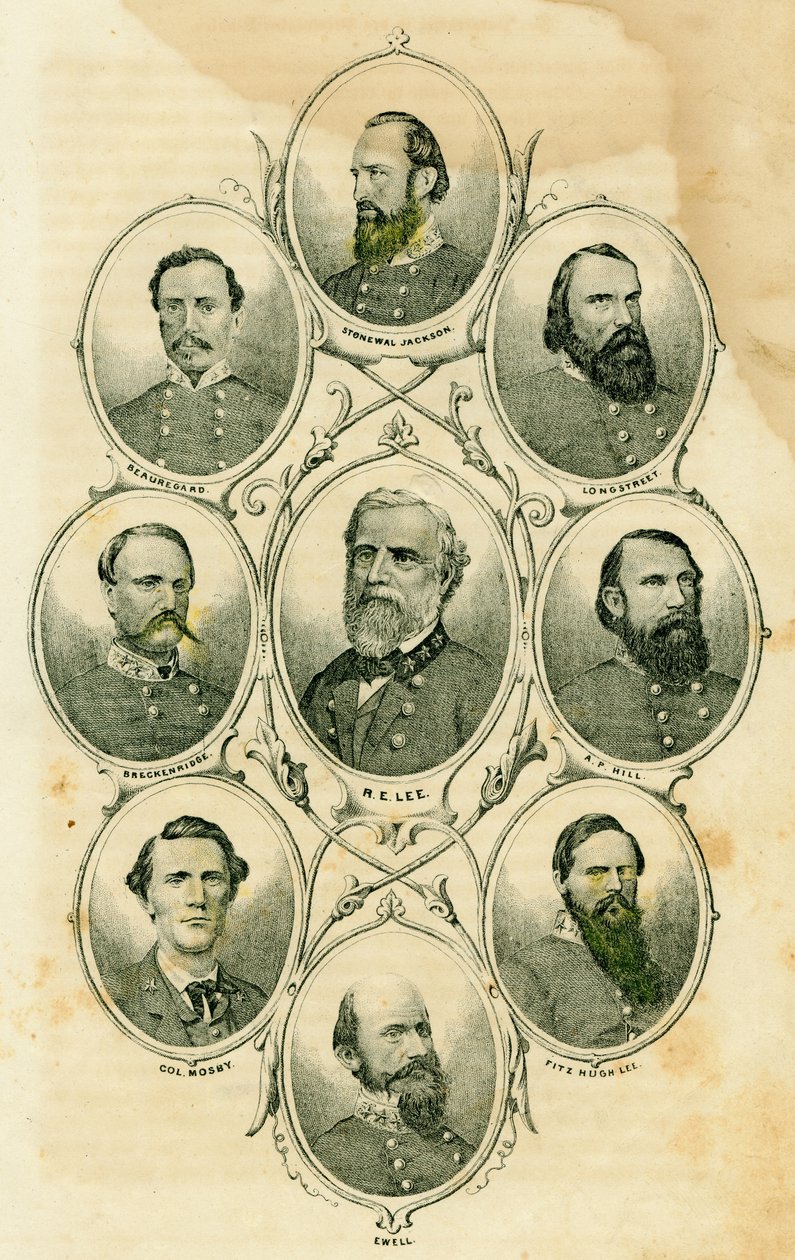Konfederaation kenraalit (Aiheita ovat kenraalit Stonewall Jackson, Longstreet, A.P. Hill, Fitzhugh Lee, Ewell, Greckenridge, Beauregard ja Lee ja eversti Mosby) tekijältä Unknown