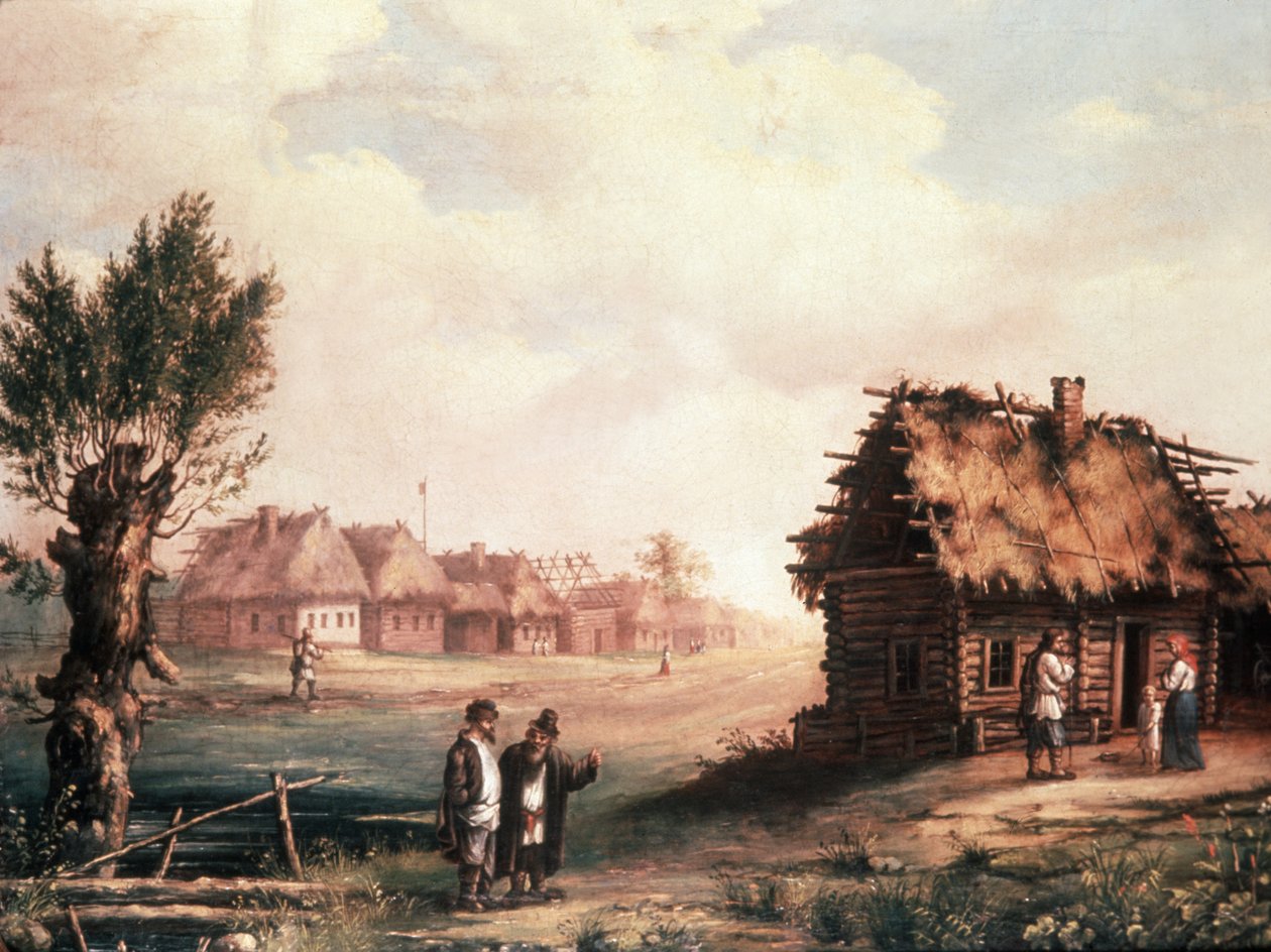 Köyhä kylä Venäjällä, 1850-luku, maalaus. tekijältä Unknown