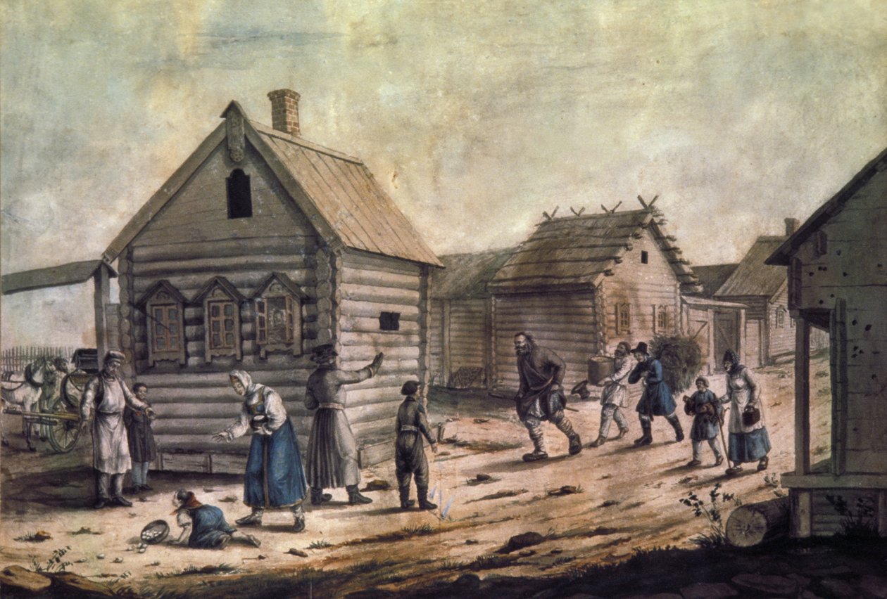 Kyläemännän saapuminen, akvarellimaalaus 1850-luvulta. tekijältä Unknown