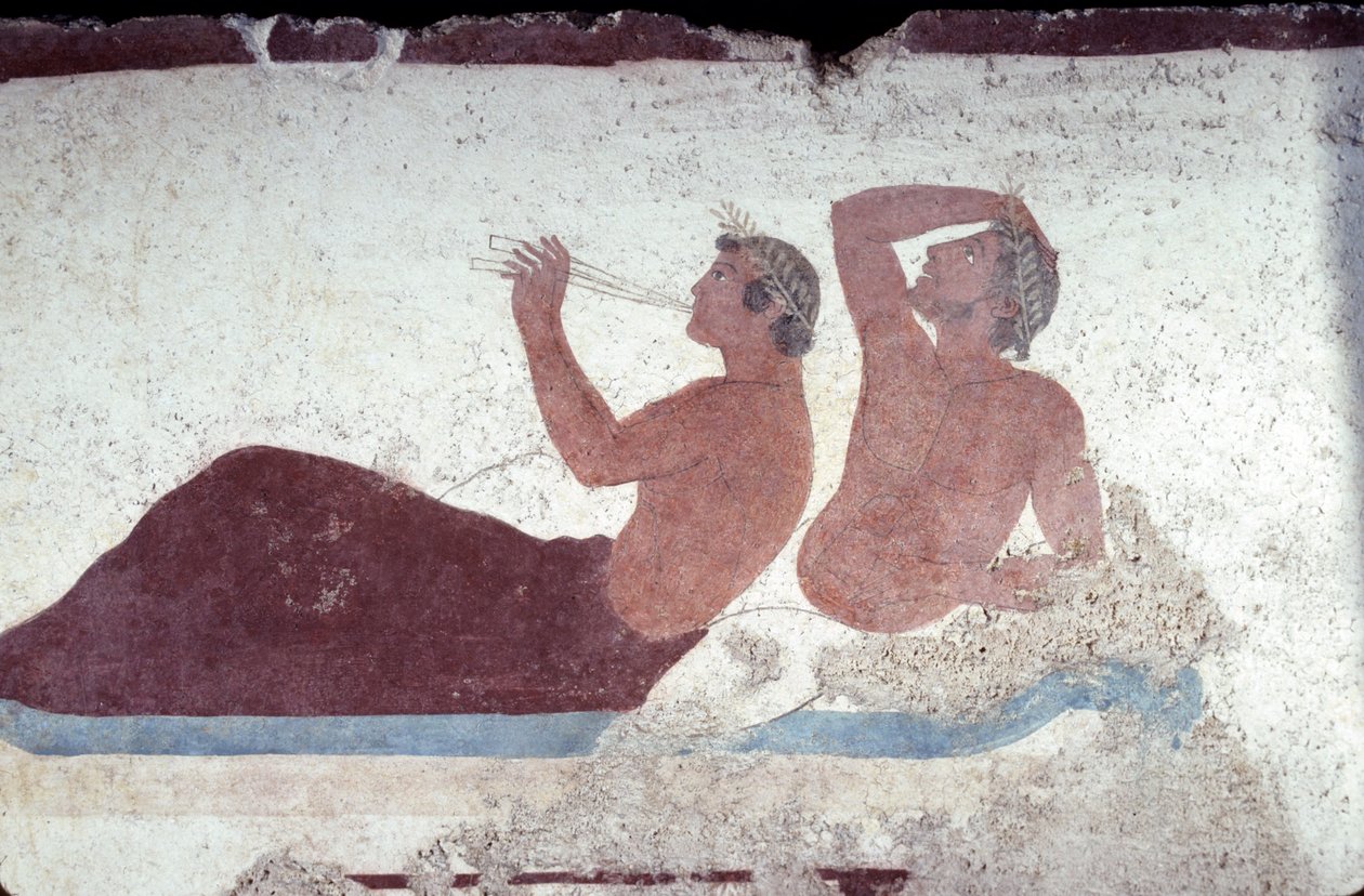 Kreikkalainen maalaus Sukeltajan haudasta, Paestum, 480 eKr. Juhlat. Symposium-kohtaus, Italia tekijältä Unknown