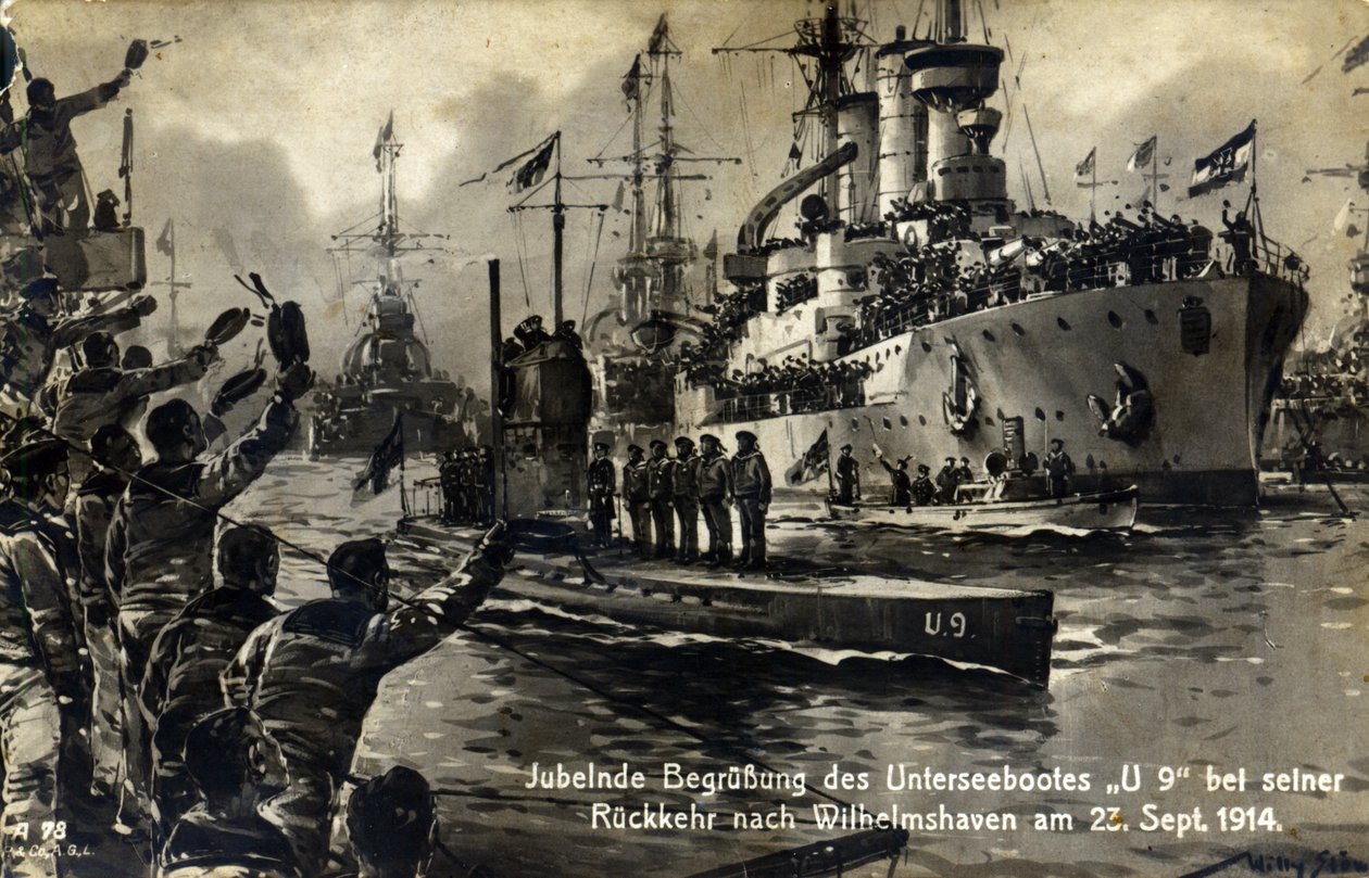 Postikortti merimiehistä toivottamassa U9-venettä sen palatessa Wilhelmshaveniin, 23. syyskuuta 1914 tekijältä Unknown