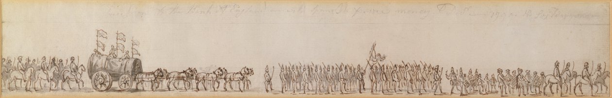 Kuninkaallisen laivaston vangitseman espanjalaisen rahan kulkue Englannin keskuspankille, 1799 (kynä- ja mustepiirustus) tekijältä Unknown