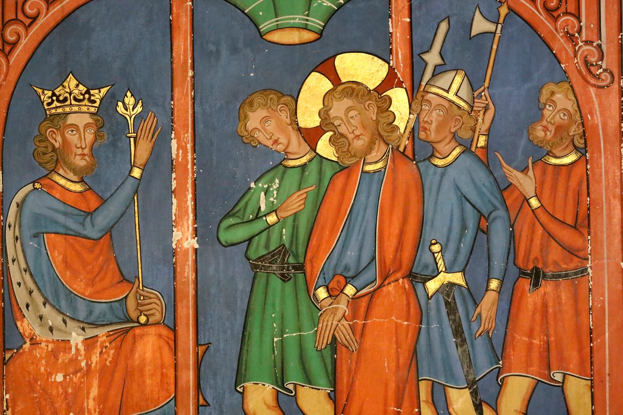 Saint-Pierre-le-Jeune protestanttinen kirkko, Kristuksen kärsimys, sanhedrin tuomitsee Jeesuksen, Fresco, Strasbourg, Ranska. tekijältä Unknown