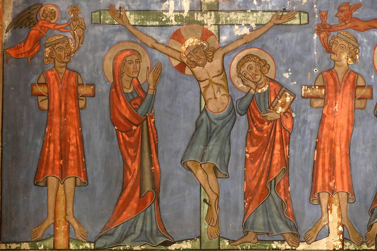 Saint-Pierre-le-Jeune protestanttinen kirkko, ristiinnaulitseminen, Jeesus ristillä, fresko, Strasbourg, Ranska. tekijältä Unknown