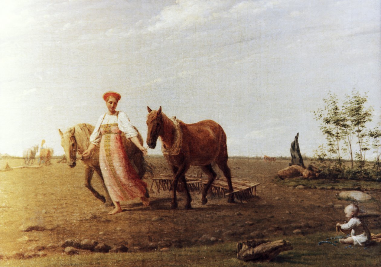 Aleksei Venetsianovin (1780 - 1847) maalauksen kevään kyntäminen. tekijältä Unknown