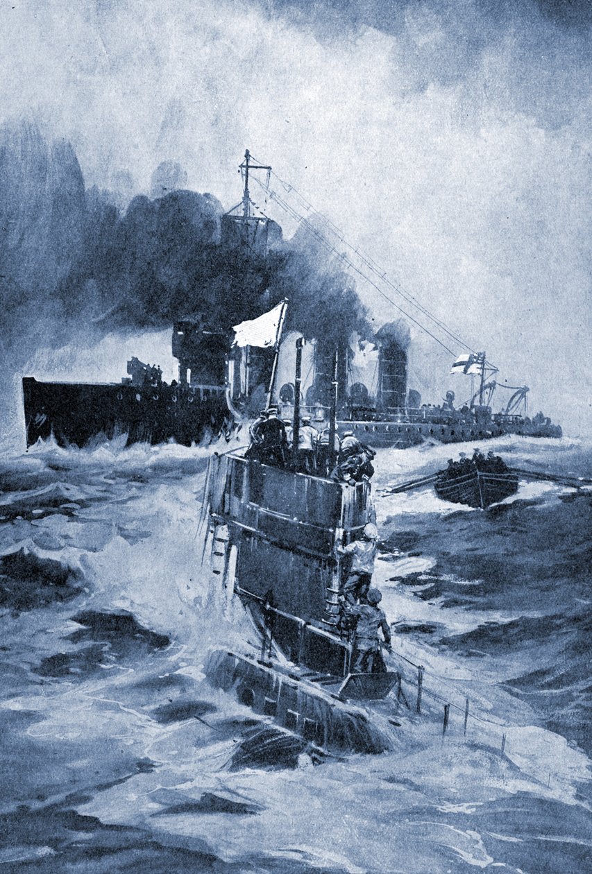 Saksalainen sukellusvene U 18 antautuu törmäyksen jälkeen vuonna 1914. tekijältä Unknown