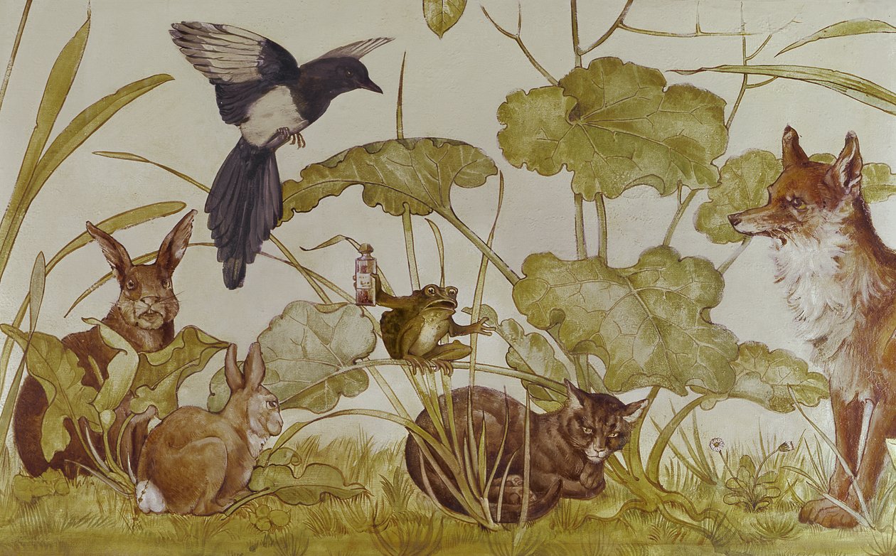 Taustakuva olohuoneessa, joka kuvaa Aesops Fablesia, Castell Coch, Etelä-Wales tekijältä Unknown
