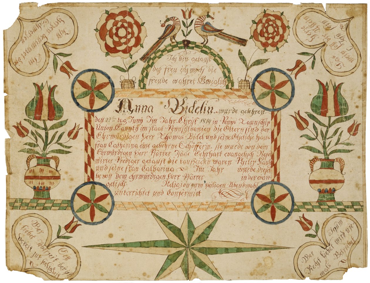 Syntymätodistus, c. 1820-1830 (muste ja akvarelli kudospaperille) tekijältä American School