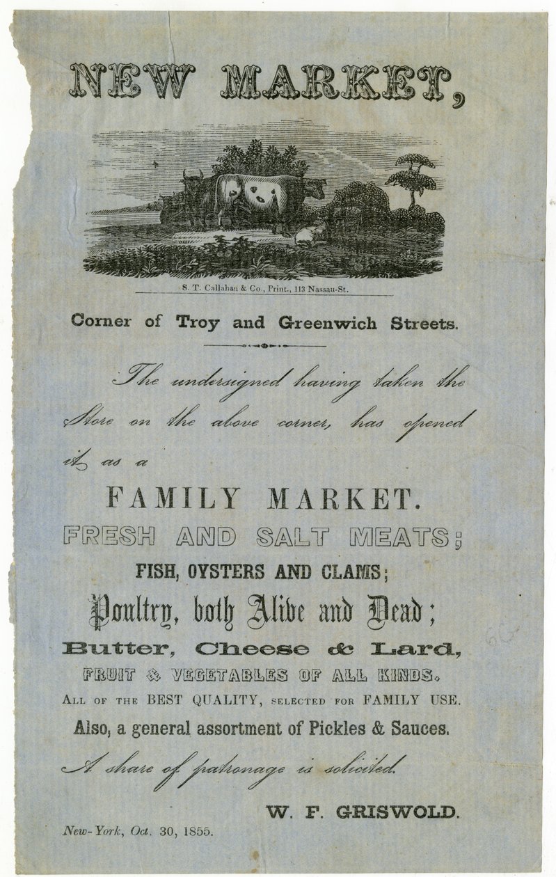 New Market, Corner of Troy ja Greenwich Streets... Family Market., 1855 tekijältä American School