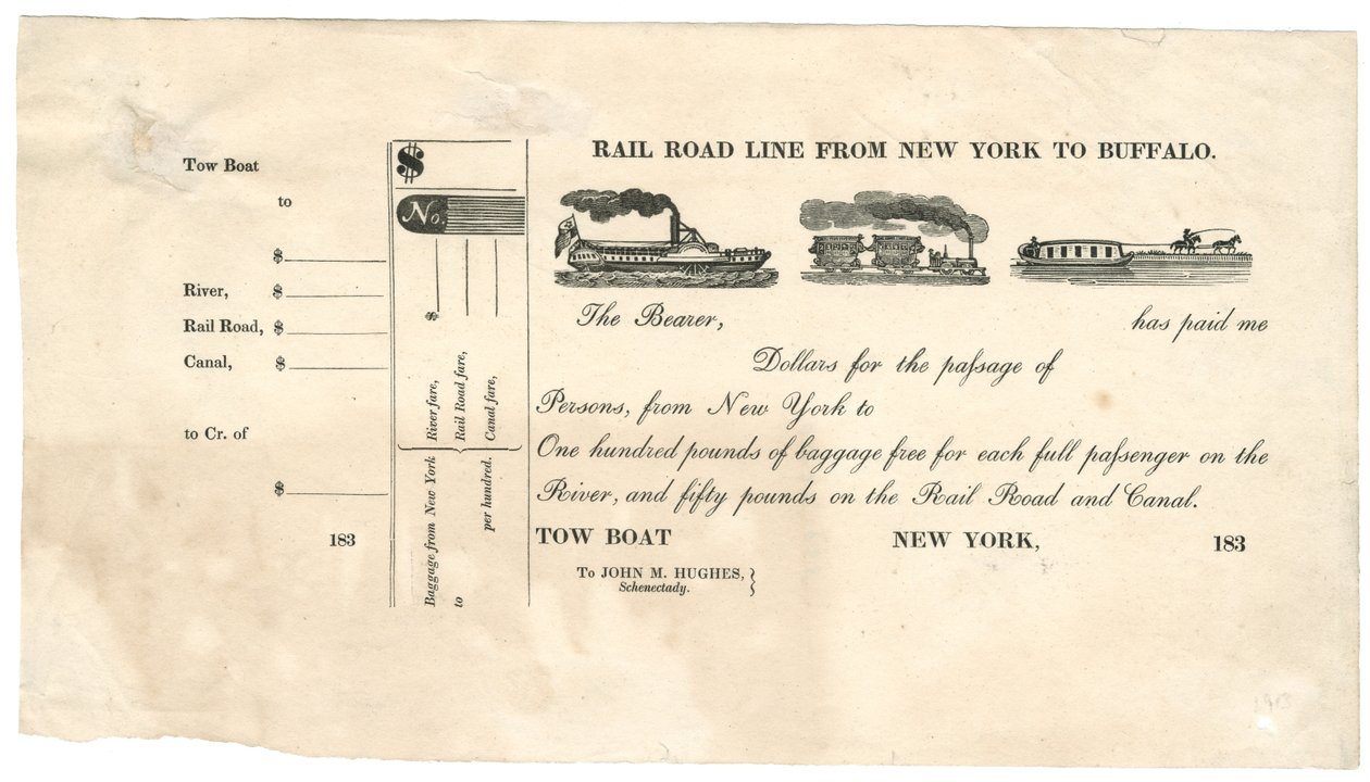Rail Road Line New Yorkista Buffaloon [hinausvenelippu], 1830-luku (puukaiverrus [lippu]) tekijältä American School