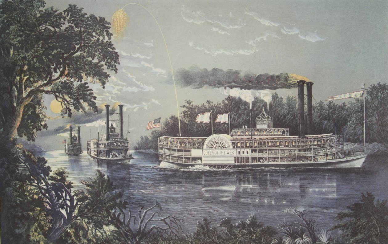 Rounding A Bend On The Mississippi, Steamboat Queen of the West, pubi. 1866, Currier & Ives tekijältä American School
