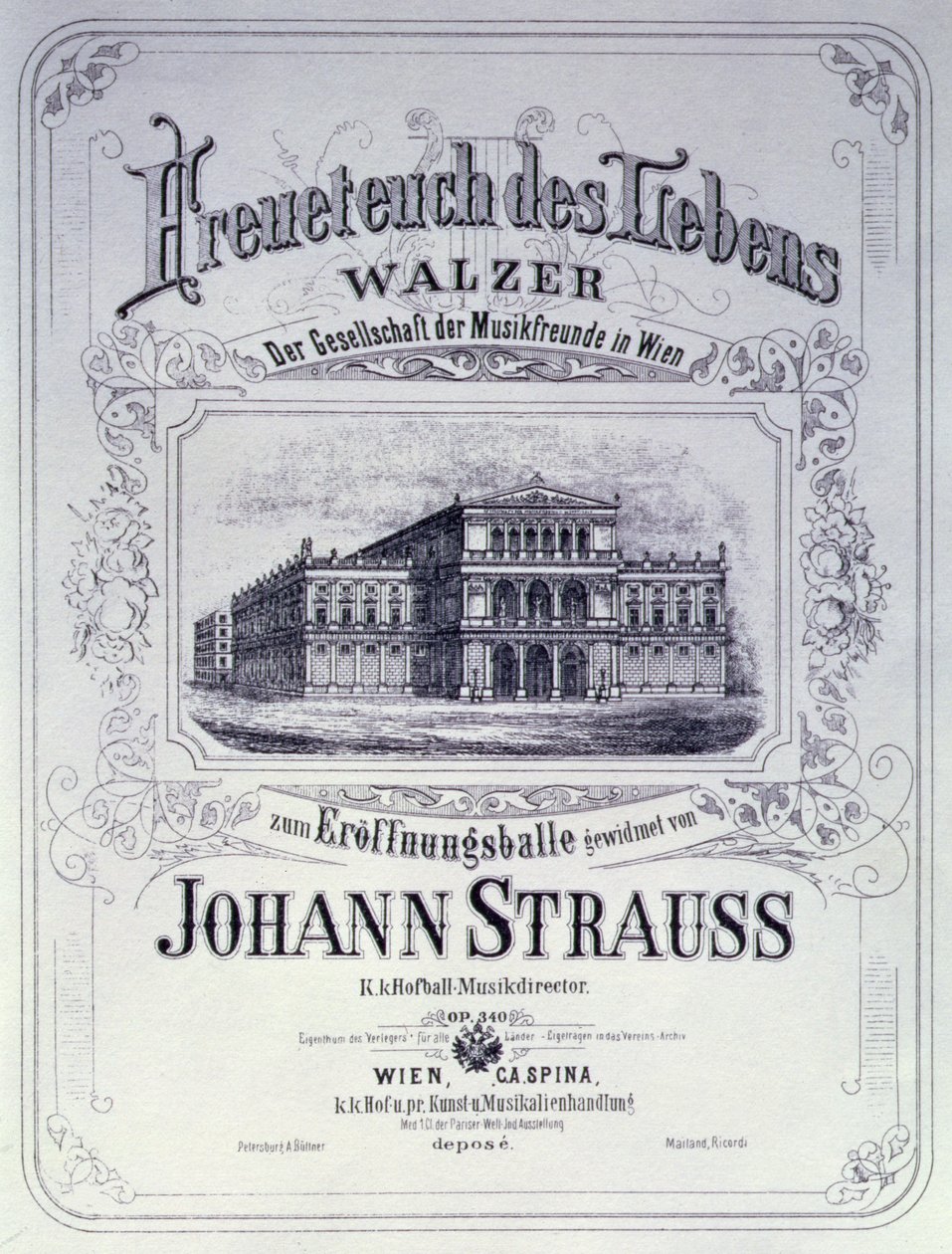 Juliste, joka mainostaa Freueteuch des Lebensia, Johann Strauss nuoremman valssia, joka esitellään avajaisissa 1870 tekijältä Austrian School
