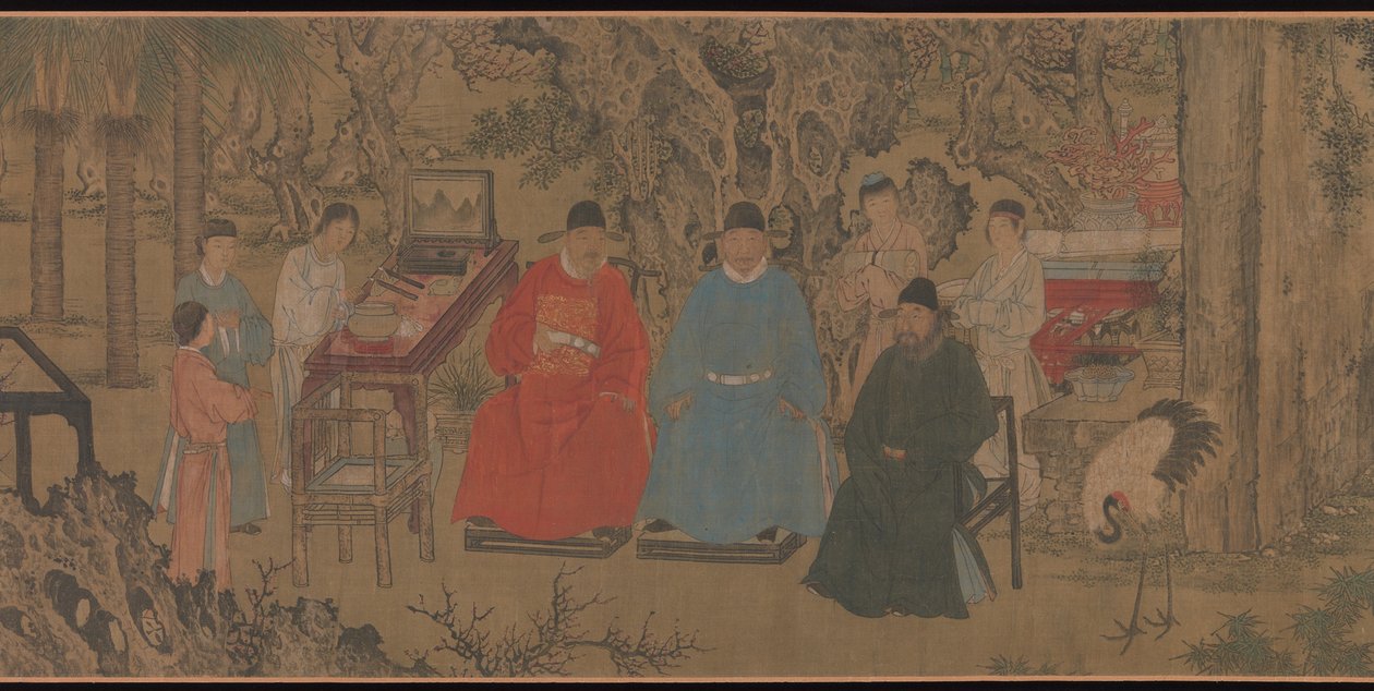 Elegant Gathering in the Apricot Garden, käsirulla, n. 1437 (muste ja väri silkillä) tekijältä Chinese School