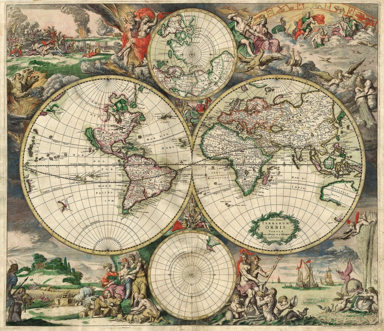 Terrarum Orbis Tabula G. a Schagenin mukaan. Pub. C. 1689 (käsinvärinen kaiverrus) tekijältä Dutch School