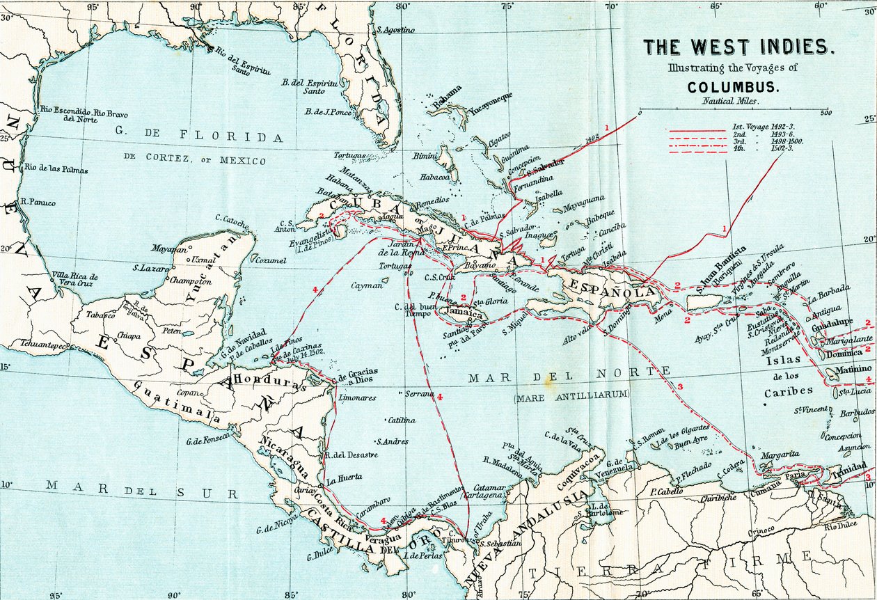 Kristoffer Kolumbuksen matkoja havainnollistava Länsi-Intian kartta Clements R. Markhamin teoksesta Life of Christopher Columbus, julkaistu 1892. tekijältä English School