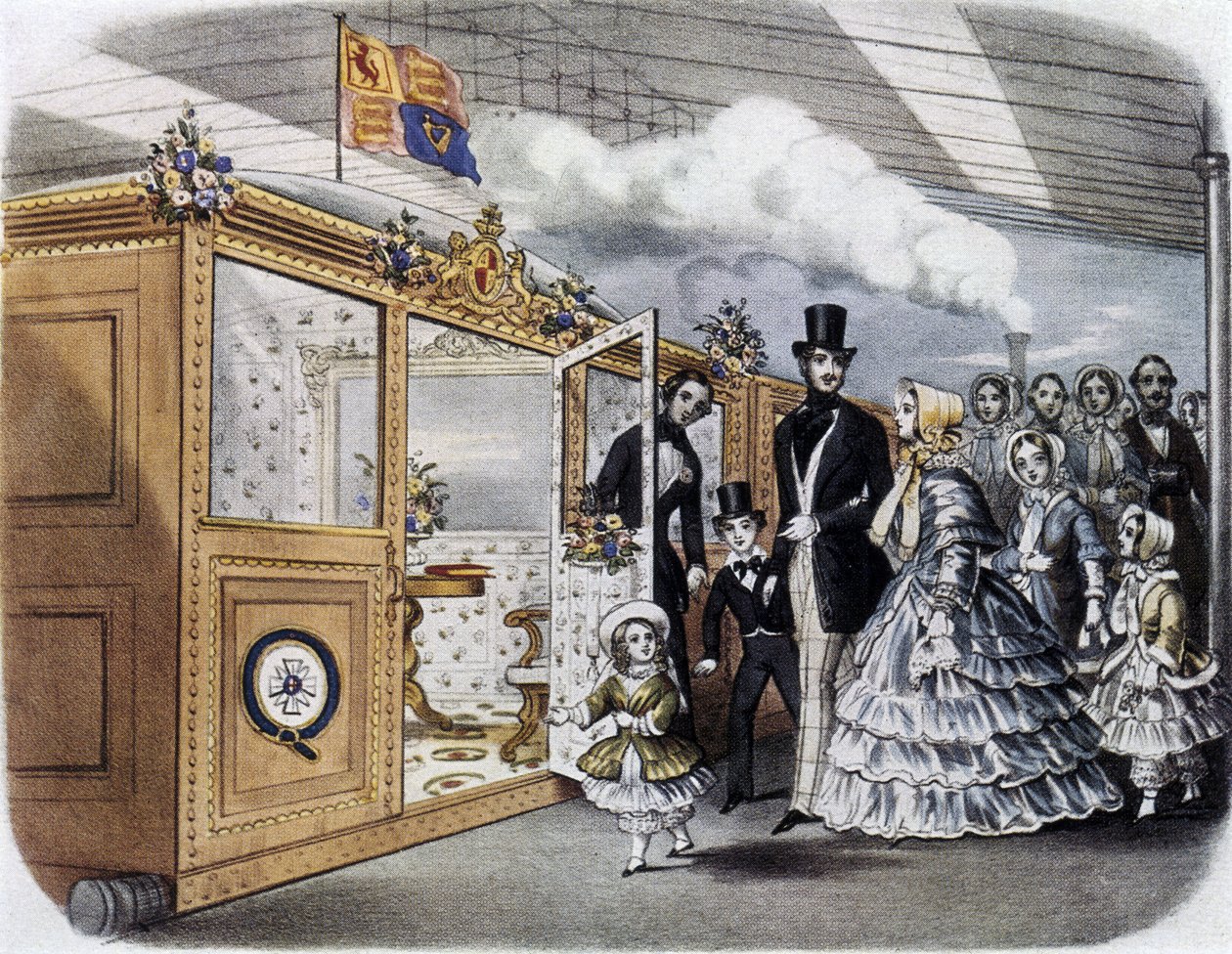 Kuningatar Victoria (1819-1901) ja kuninkaallinen perhe nousemassa junaan Skotlantiin tekijältä English School