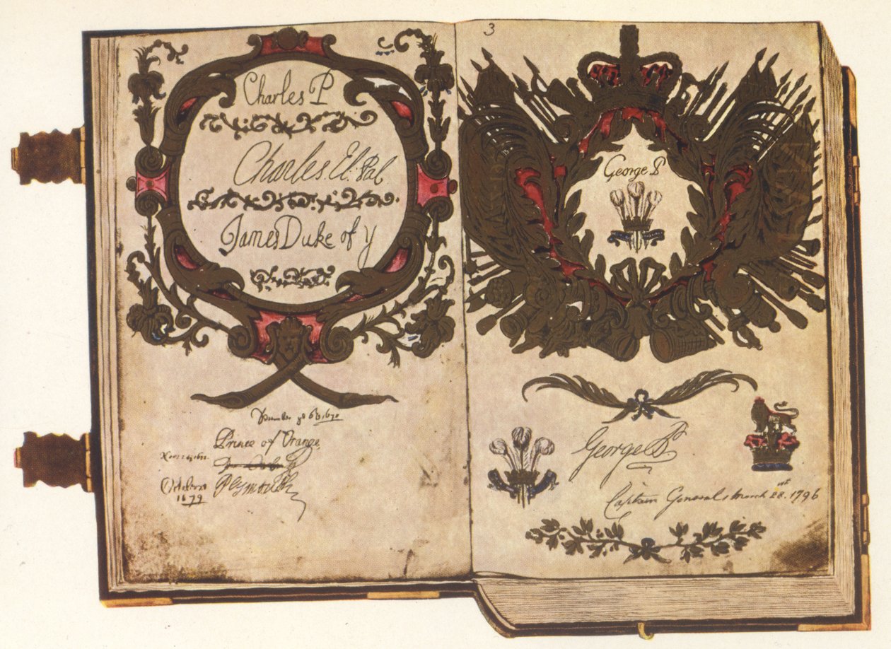 Muinainen vellum-kirja (muste tarranauhalla) tekijältä English School