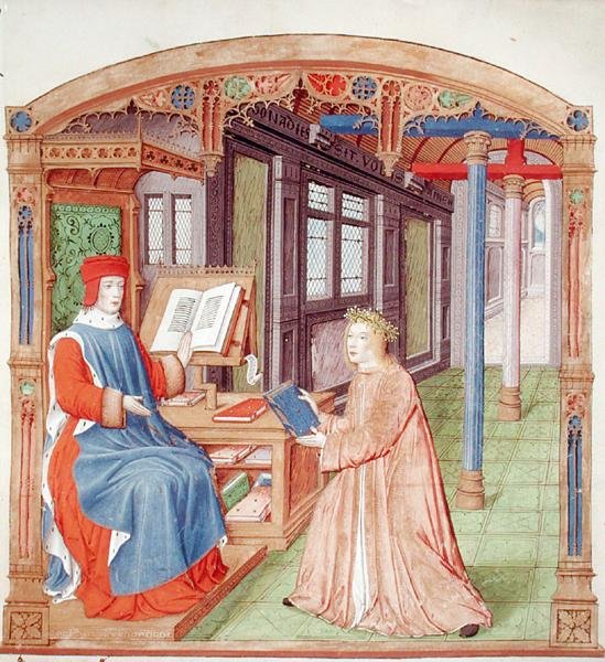 Ms 493 fol.19 Vergilius (70-19eKr.) tarjoaa kirjansa Maecenasille, Vergiliuksen Eclogues-sarjasta Serviuksen kommentin kera, 1469 tekijältä French School