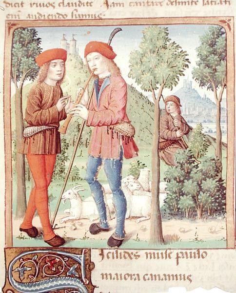 Ms 493 fol.8r Paimenten tapaaminen, Vergilius: Les Bucoliques ja Serviuksen kommentit, 1469 tekijältä French School