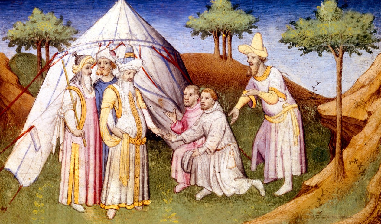 Ms Fr 2810 f.2v, Kublai Khan tervehtii veljekset Polo, Livre des Merveilles du Monde, n. 1410-12 (tempera vellum) tekijältä French School