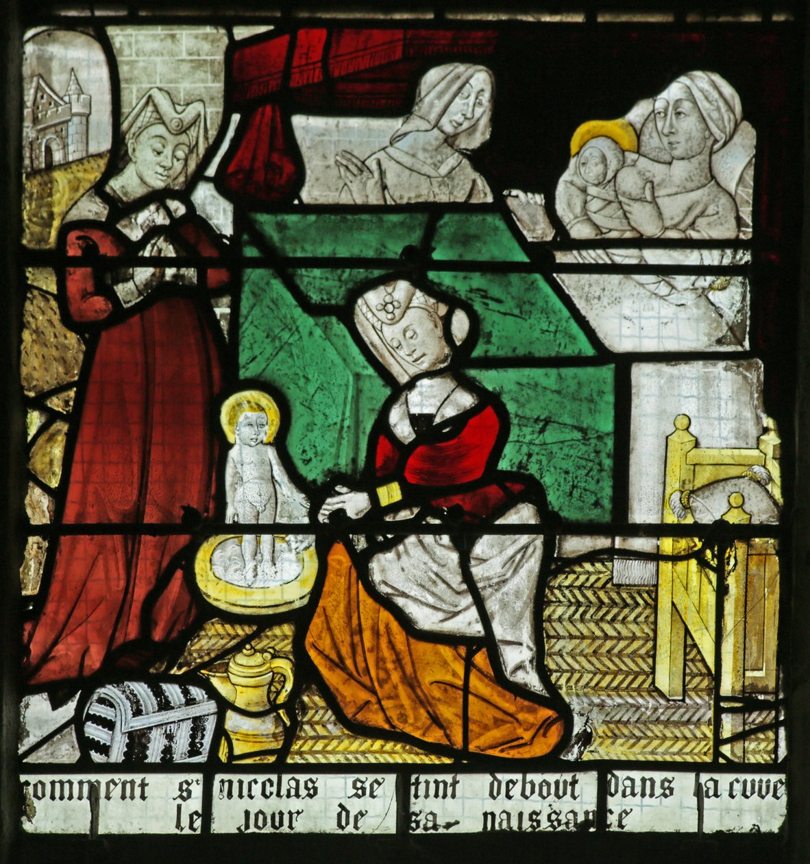 Pyhän Nikolauksen syntymää kuvaava ikkuna, 1460-70. tekijältä French School