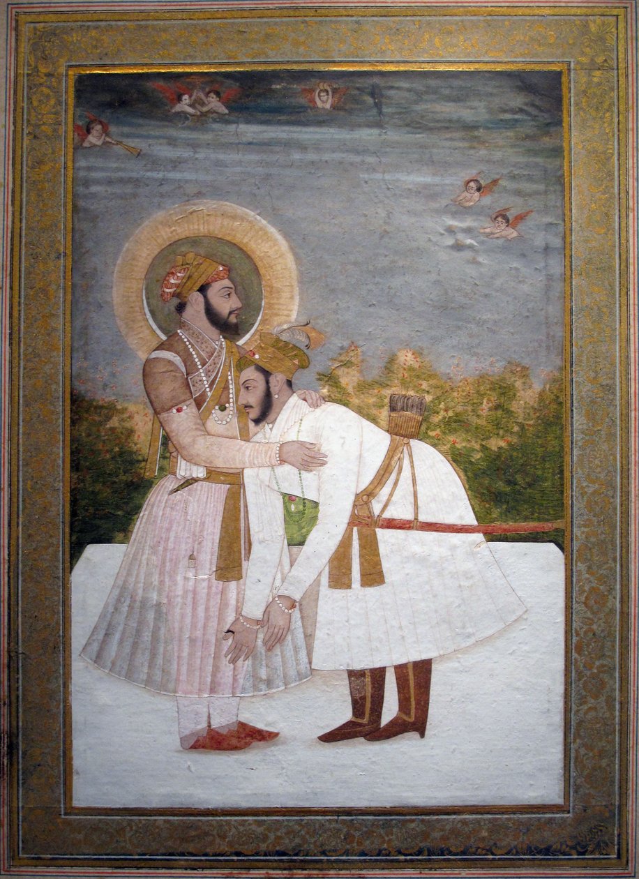 Shah Jahan halaa poikaansa Aurangzebia, n. 1750 (guassi ja kulta) tekijältä Indian School