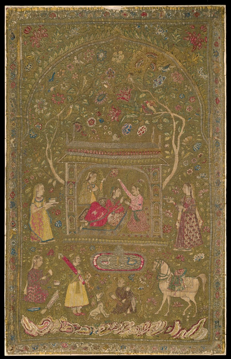 Tekstiiliripustus, 1600-luvun alku (silkki, metalli ja puuvilla). tekijältä Indian School