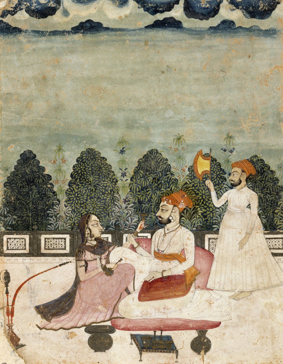 Nimetön (kaksi miestä ja nainen terassilla), 1700-luku (tempera liimapaperille) tekijältä Indian School