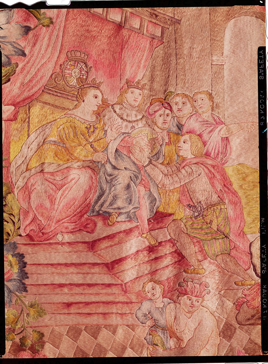 Kristoffer Kolumbus (1450-1506) ennen Ferdinand II:ta (1452-1516) Aragoniasta palatessaan Amerikan löydöstä (silkkikirjonta) tekijältä Spanish School