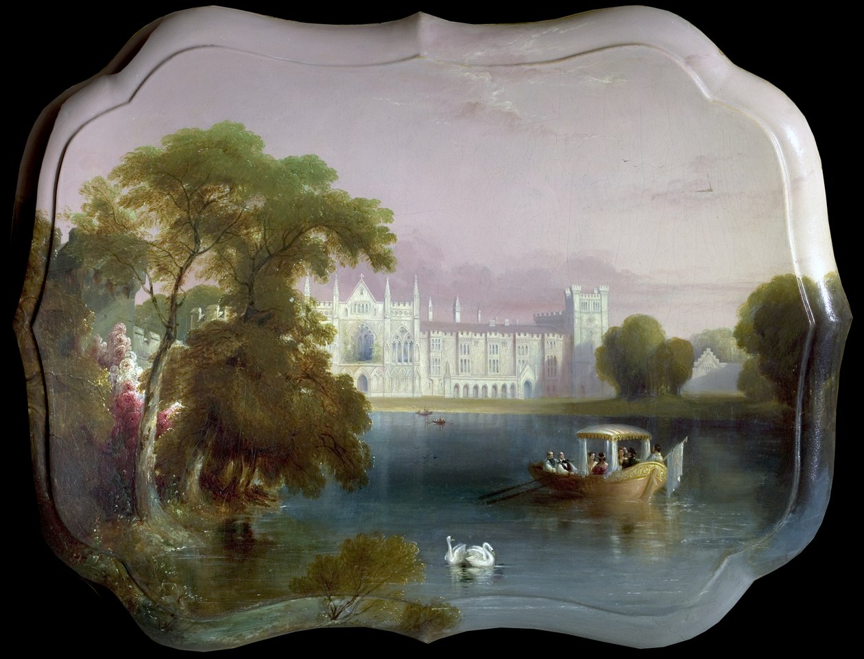 West View of Newstead Abbey, Nottinghamshire, mukaan lukien veneilyjuhlat Upper Lakella (öljy paperimassalla) tekijältä Unknown