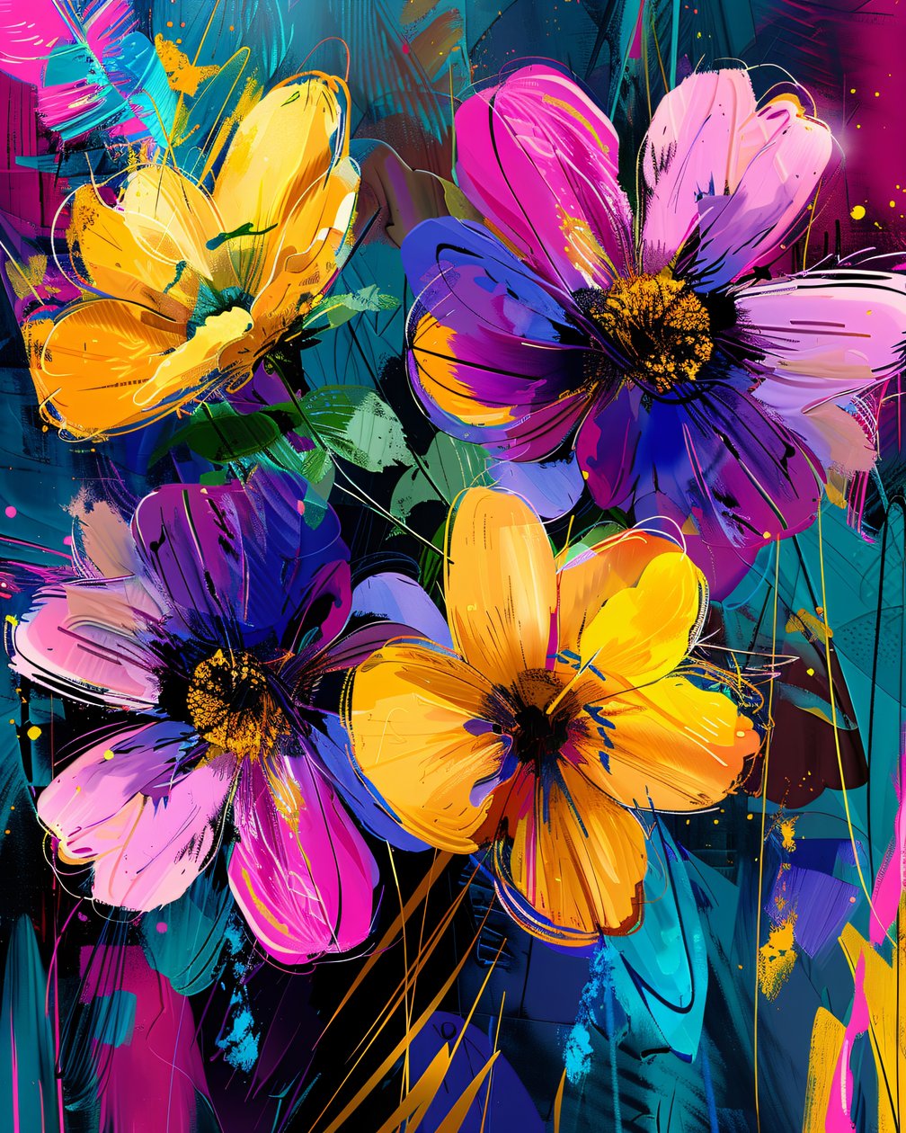 Abstrakti maalaus käsin piirretty puutarha ja kukat | online canvas art tulosteet tekijältä F. Abderrahim