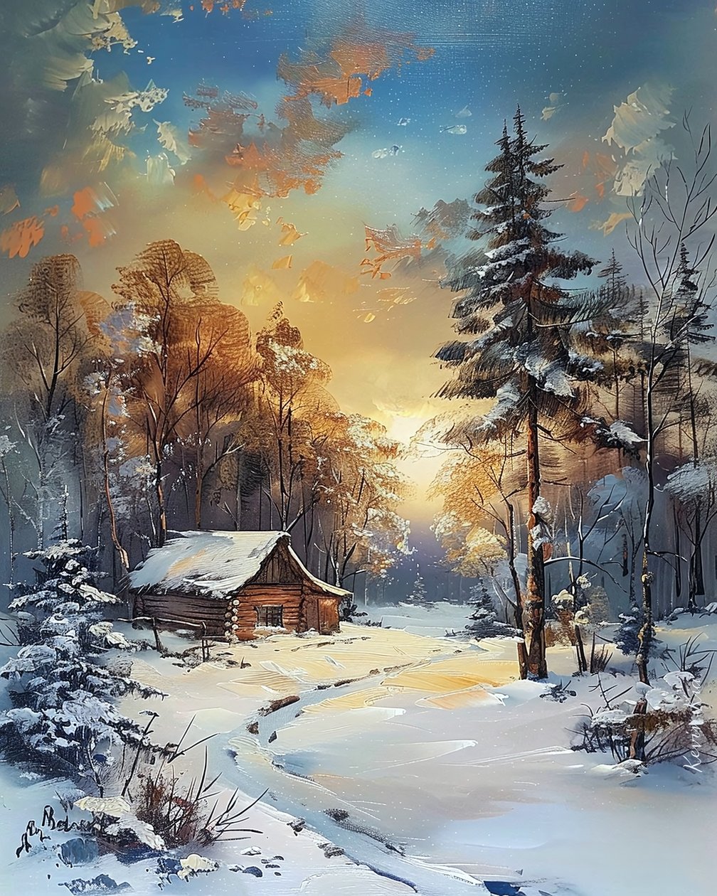 Mökki keskellä metsää ja lunta, talvimaisema seinäkoristeena tekijältä F. Abderrahim