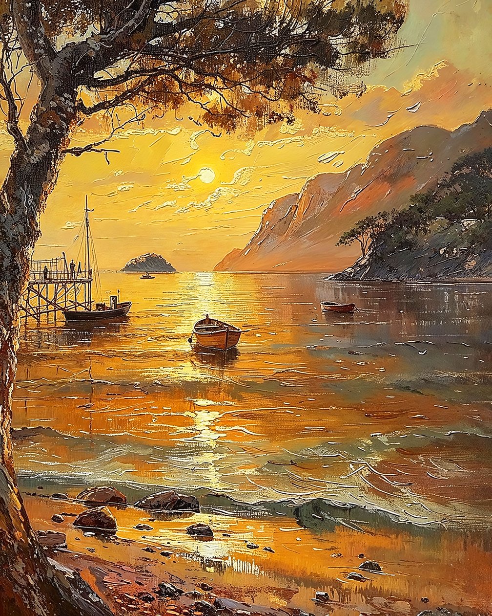 Ranta ja veneet, auringonlasku illalla, Seinä Koristeet myytävänä tekijältä F. Abderrahim
