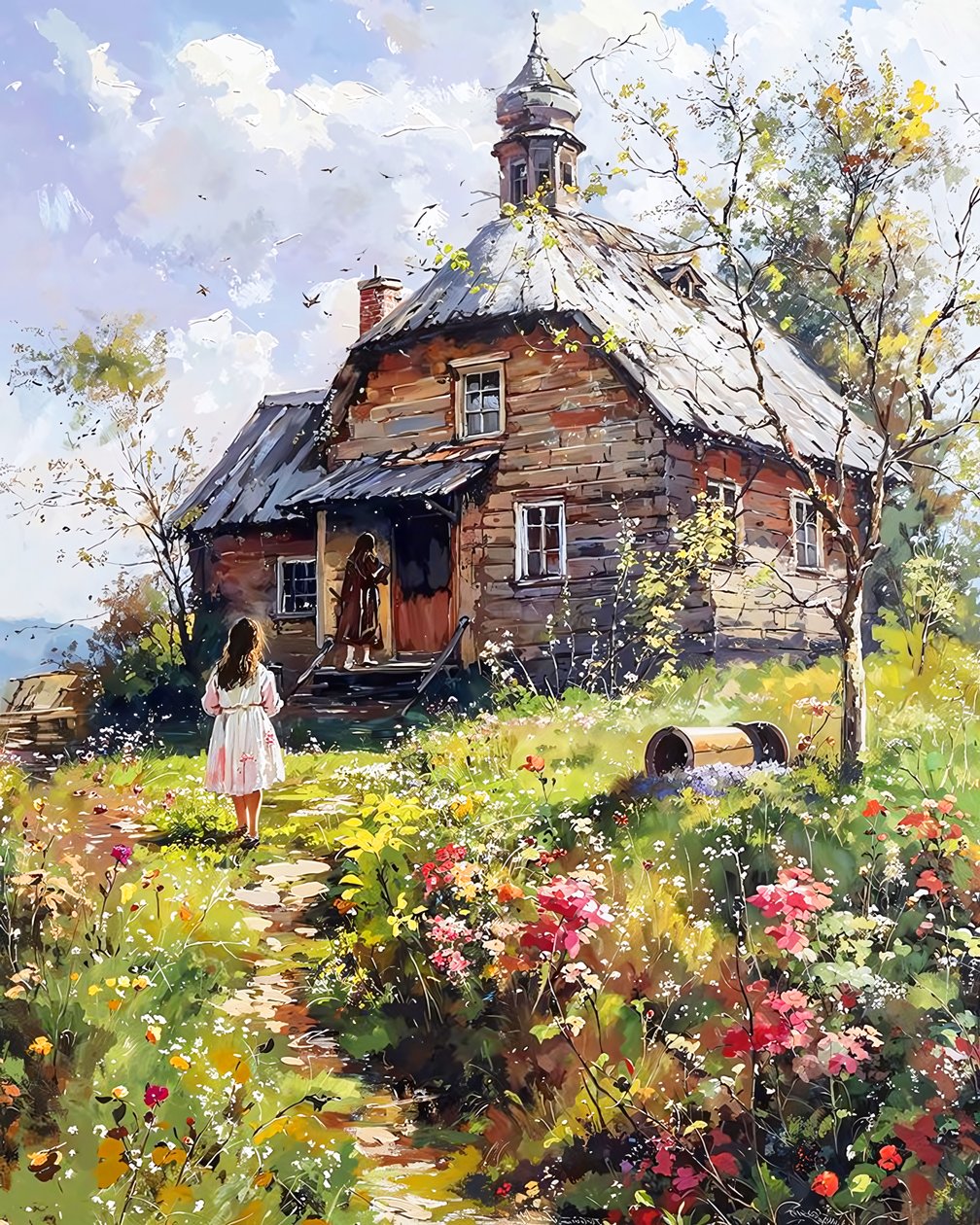 Tyttö ja hänen äitinsä puutalon edessä, seinä Decor tekijältä F. Abderrahim