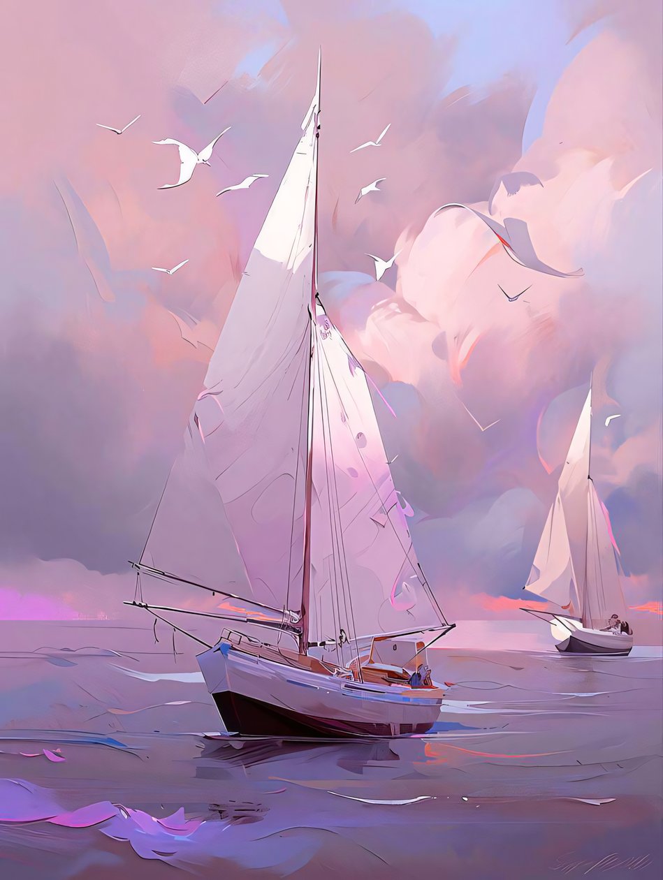 Purjevene valkoisella ja sinisellä taustalla, Canvas  kehystetty seinäkoristeita tekijältä F. Abderrahim