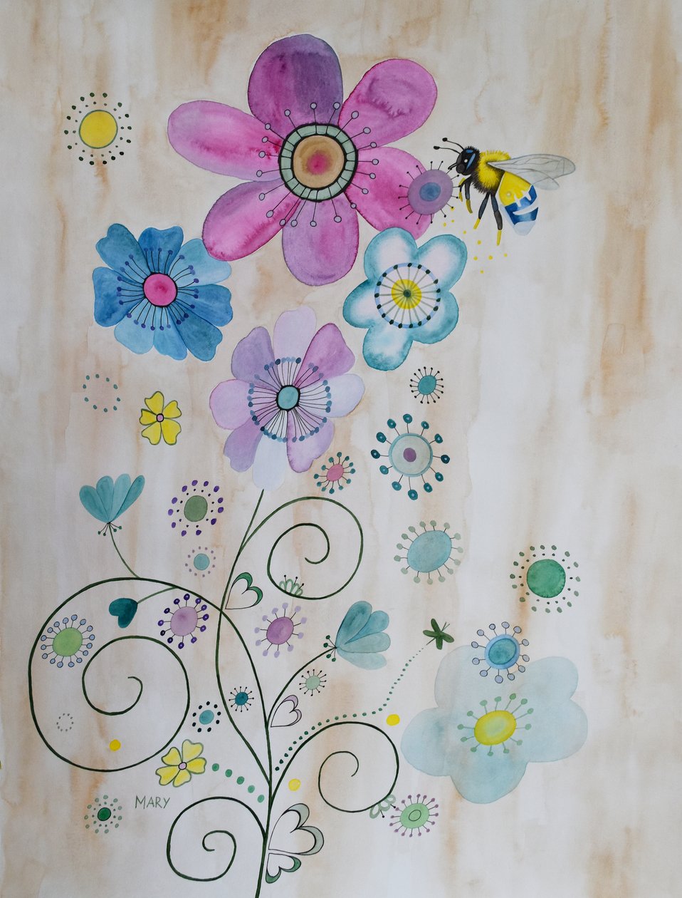 Mehiläiset ja niiden kukat tekijältä Marys Watercolors