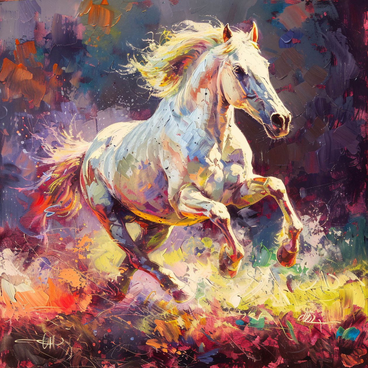 Vibrant Rendering of a White Stallion Galloping, seinätaidetulosteita pyynnöstä tekijältä F. Abderrahim