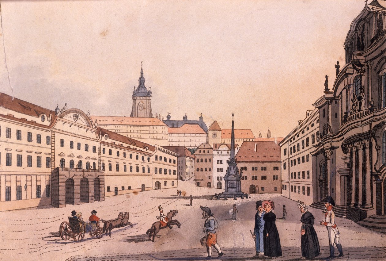 Ylempi Malostranské (Pieni kortteli) aukio, Praha, n. 1810 (värillinen etsaus) tekijältä A. and Berka, Johann Gustav