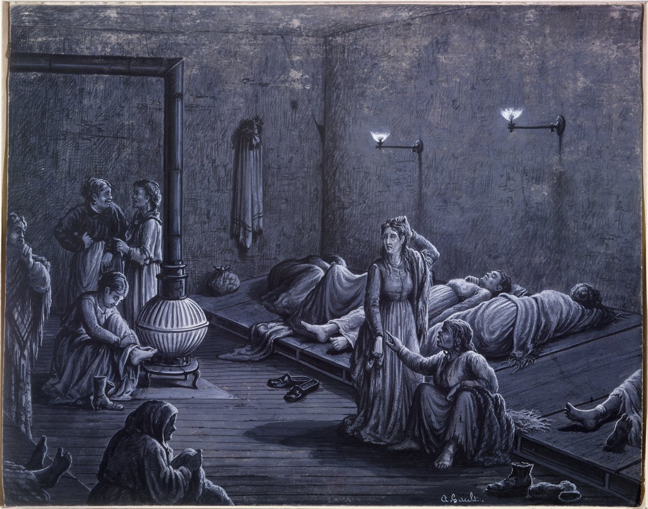 Köyhien naisten yökodin sisustus, 1850-60 tekijältä A. Gault