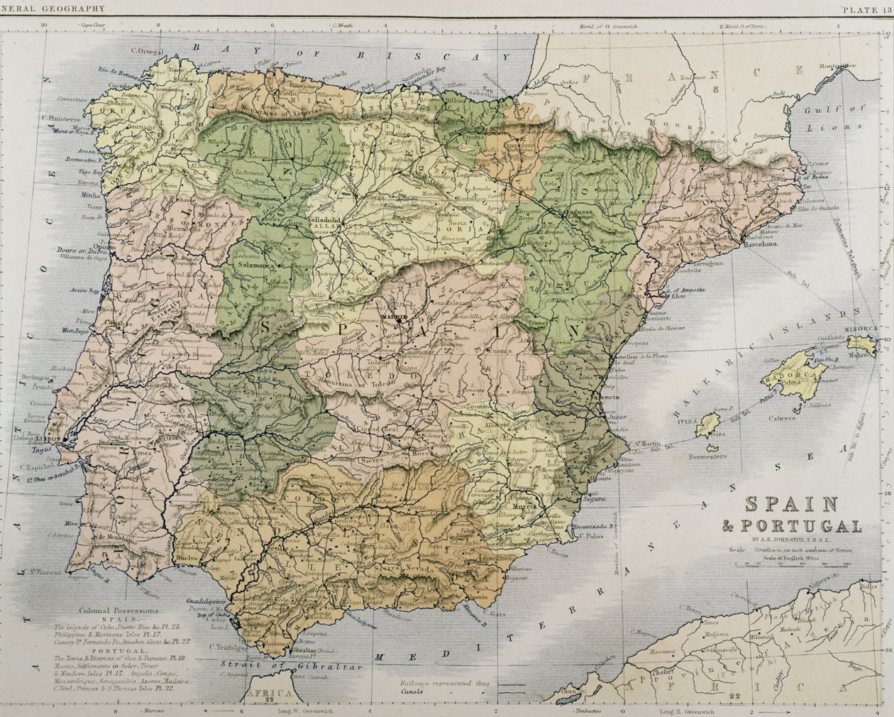 Espanjan ja Portugalin kartta, noin 1869 tekijältä Alexander Keith Johnston